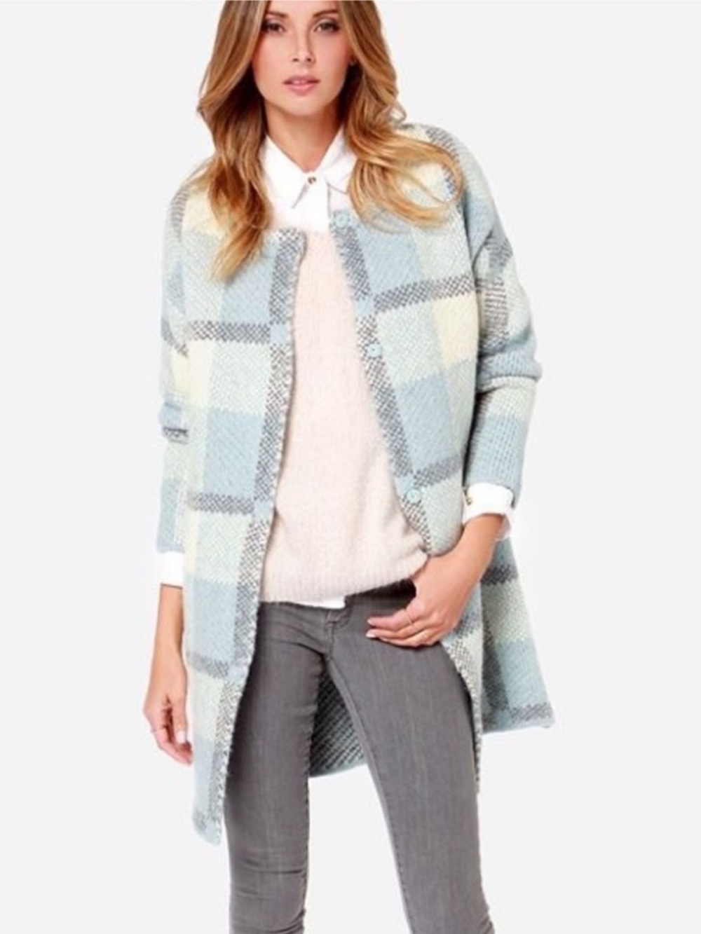 J.O.A. Light Blue and Cream Plaid Open-Front Cardigan Coat